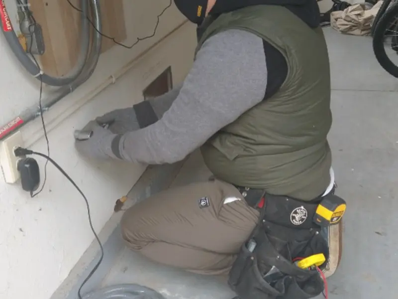 Electrician performing outlet wiring in a Three Points garage